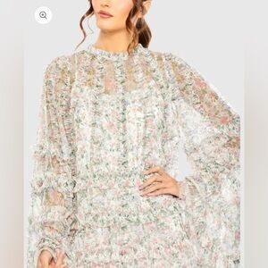 Mac Duggal 8007 Multicolor Floral Print Long Flare Sleeve Mesh A-Line Dress